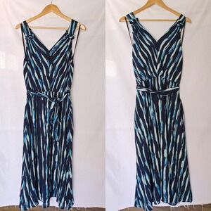 Donna Karan Printed Belted A-Line Dress Sleeveless Midi Blue Green Abstract 12